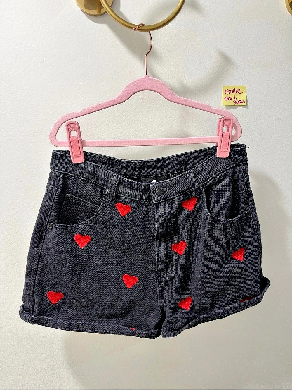 Lazy Oaf Size 30 Black Denim Heart Embroidered Shorts